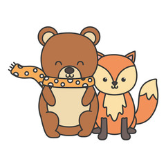 cute bear with scarf and fox sitting hello autumn