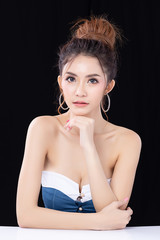 Fototapeta premium Portrait of beautiful young asian woman clean fresh bare skin concept. Asian girl beauty face skincare and health wellness, Facial treatment, Perfect skin, Natural make up isolated on black background