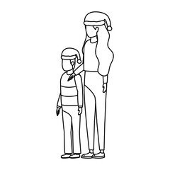 mother and son with christmas hats characters