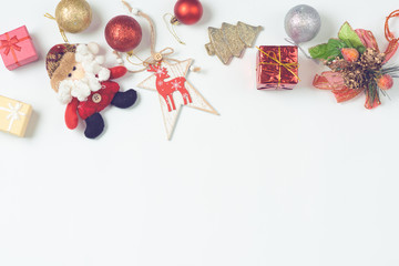 Christmas decorations on a light background. Space for text. New Year's background. Toned image. Christmas background.
