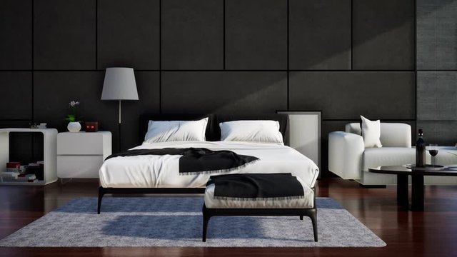 interior of modern black bedroom with double bed, pan left, 3D animation video 4K
