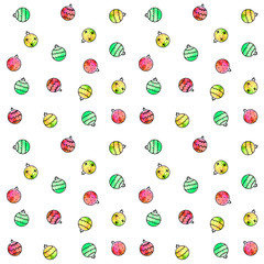 Seamless pattern with Watercolor Christmas tree balls. New year Xmas backgrounds texture. Hand drawn. Seamless color pattern for greeting cards, wrapping paper, packaging, fabric, calendars, prints