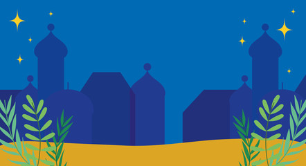 cityscape night stars leaves foliage scene