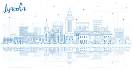 Outline Lincoln Nebraska City Skyline with Blue Buildings and Reflections.