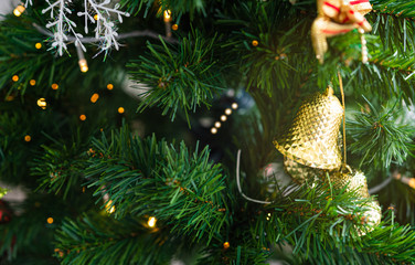 Close up Christmas tree and golden bell for December holiday event background, Copy space available for text