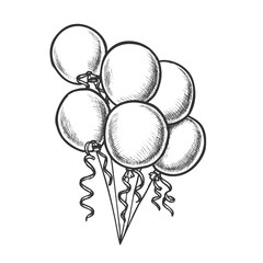 Balloons Bunch With Curly Ribbon Monochrome Vector. Beautiful Air Balloons Celebrating Birth Anniversary Party Decoration. Engraving Concept Mockup Designed In Vintage Style Monochrome Illustration