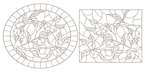 Set of contour illustrations of stained glass Windows with tree branches, Apple tree branch, dark contours on white background,rectangular and oval images