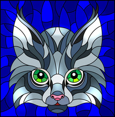 The illustration in stained glass style painting with a lynx's head on a blue background