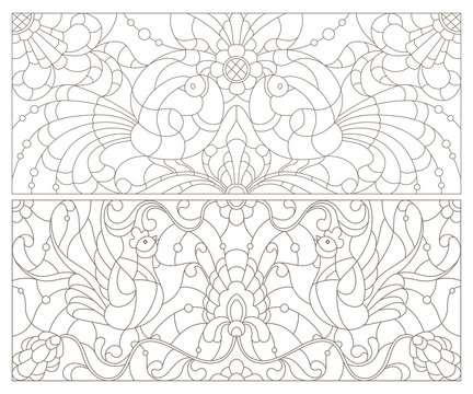 Set of contour illustrations of stained glass with birds and flowers, dark outline on white background