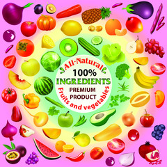 Illustration set of fruits vegetables and berries of different colors with the inscription natural ingredients premium quality