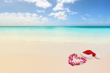 Christmas winter holidays paradise beach travel destination for honeymoon vacation background. Landscape with idyllic pristine blue ocean water and white sand. Lei flower necklace.