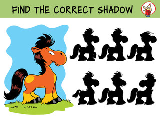 Cute little pony. Find the correct shadow. Educational matching game for children. Cartoon vector illustration