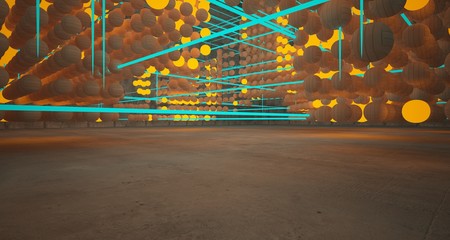 Abstract Smooth Wood and Concrete Futuristic Sci-Fi interior  from an array of spheres With Gradient Colored Glowing Neon. 3D illustration and rendering.