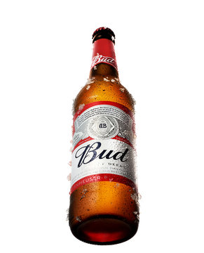 POLTAVA, UKRAINE - MARCH 4, 2018:  Photo of bottle of Budweiser beer on white background . American lager first introduced in 1876