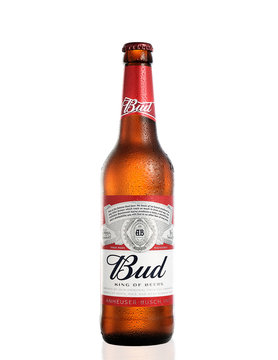 POLTAVA, UKRAINE - MARCH 22, 2018: Photo of bottle of Budweiser beer on white background . American lager first introduced in 1876