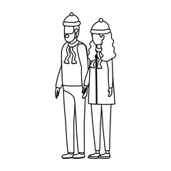 young lovers couple with christmas hat characters