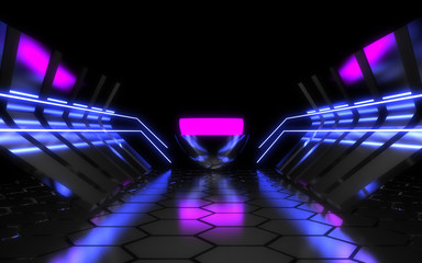 Alien spaceship corridor abstract background. 3d illustration