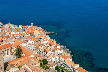 Early morning view of Cefalu town from the Rocca di Cefalu. Sicily, Italy