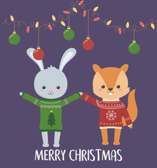 merry christmas celebration cute rabbit and squirrel with sweater and hanging balls and lights