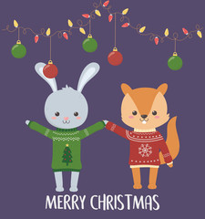 Naklejka premium merry christmas celebration cute rabbit and squirrel with sweater and hanging balls and lights
