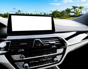 Monitor in car with isolated blank screen use for navigation maps and GPS. Isolated on white with clipping path. Car detailing. Car display with blank screen. Modern car interior details. Mock up