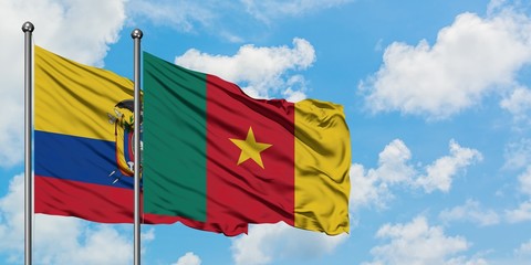 Ecuador and Cameroon flag waving in the wind against white cloudy blue sky together. Diplomacy concept, international relations.