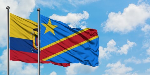 Ecuador and Congo flag waving in the wind against white cloudy blue sky together. Diplomacy concept, international relations.
