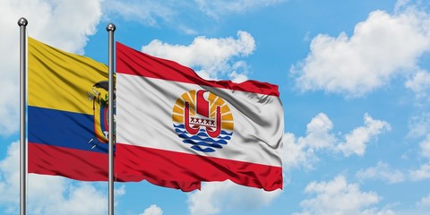 Ecuador and French Polynesia flag waving in the wind against white cloudy blue sky together. Diplomacy concept, international relations.