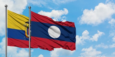 Ecuador and Laos flag waving in the wind against white cloudy blue sky together. Diplomacy concept, international relations.