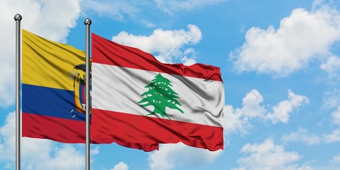 Ecuador and Lebanon flag waving in the wind against white cloudy blue sky together. Diplomacy concept, international relations.