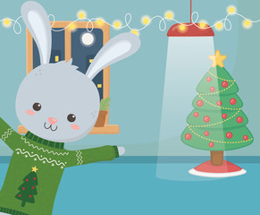 Naklejka premium merry christmas celebration cute rabbit glowing lights lamp tree decoration