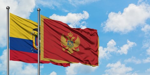 Ecuador and Montenegro flag waving in the wind against white cloudy blue sky together. Diplomacy concept, international relations.