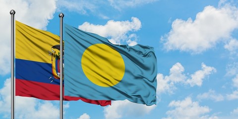 Ecuador and Palau flag waving in the wind against white cloudy blue sky together. Diplomacy concept, international relations.