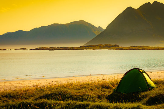 Seascape with tent on beach, Lofoten Norway