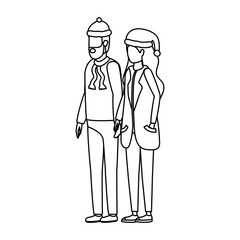 young lovers couple with christmas hat characters