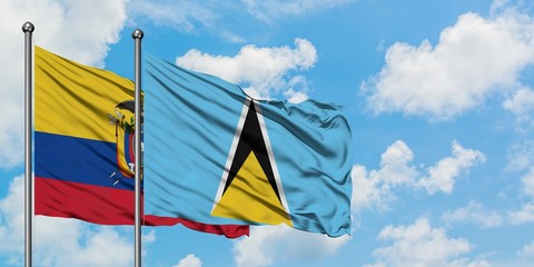 Ecuador and Saint Lucia flag waving in the wind against white cloudy blue sky together. Diplomacy concept, international relations.