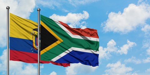 Ecuador and South Africa flag waving in the wind against white cloudy blue sky together. Diplomacy concept, international relations.