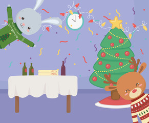 merry christmas celebration cheerful rabbit reindeer table food tree confetti
