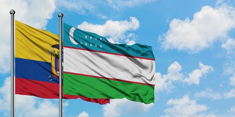 Ecuador and Uzbekistan flag waving in the wind against white cloudy blue sky together. Diplomacy concept, international relations.