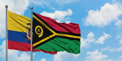 Ecuador and Vanuatu flag waving in the wind against white cloudy blue sky together. Diplomacy...