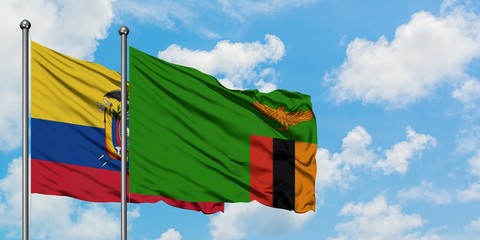 Ecuador and Zambia flag waving in the wind against white cloudy blue sky together. Diplomacy concept, international relations.