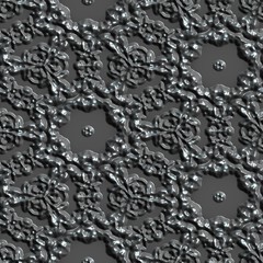 Ornamental embossed 3D metallic background. Seamless pattern. Rendering illustration.