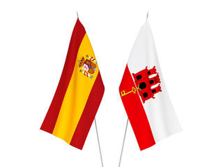 Obraz premium National fabric flags of Spain and Gibraltar isolated on white background. 3d rendering illustration.