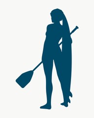 Woman posing with surfboard and paddle. Vintage surfing graphic and emblem for web design or print. Stand up paddle boarding