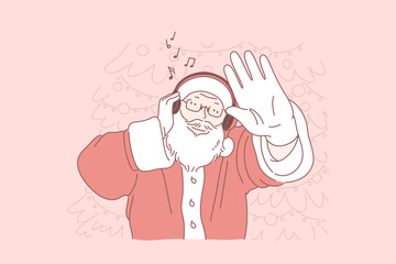 Christmas club party, New Year masquerade concept. Xmas disco, nightclub festive entertainment, DJ in Santa Claus costume, winter holidays dance party, feast mood. Simple flat vector