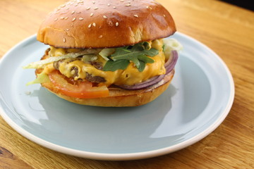 Delicious classic burger isolated on a white plate.