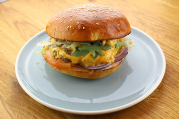 Delicious classic burger isolated on a white plate.