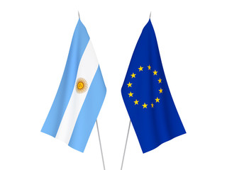 National fabric flags of European Union and Argentina isolated on white background. 3d rendering illustration.