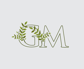 Letter G, M and GM Green Vintage Floral Logo Icon, overlapping monogram logo. Nature Green Leaves Letter Logo Icon.