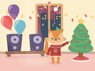 merry christmas celebration cute squirrel with sweater with balloons speaker tree